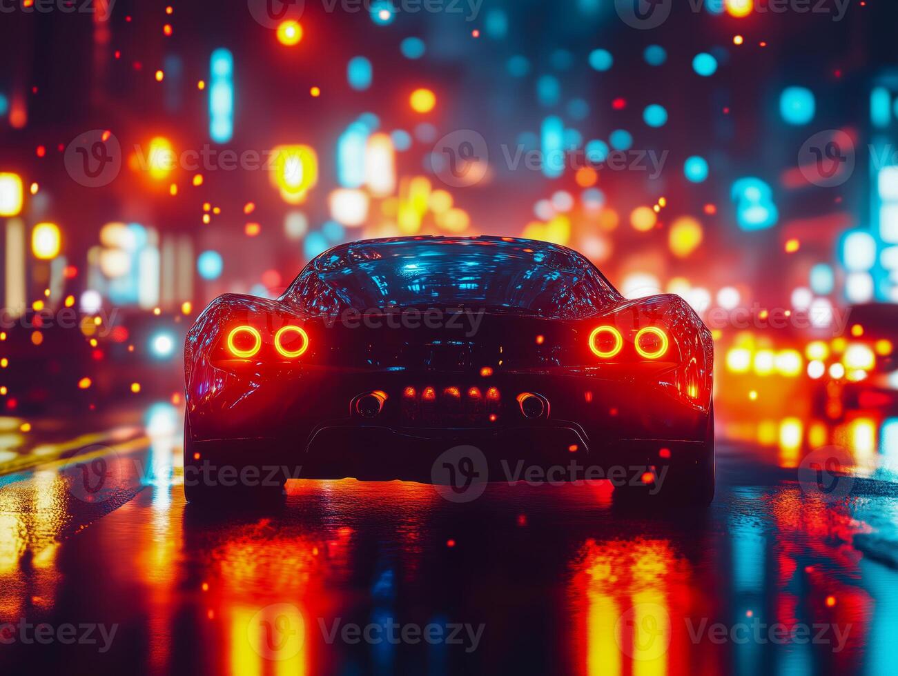 Car speed drive on the road in night city photo