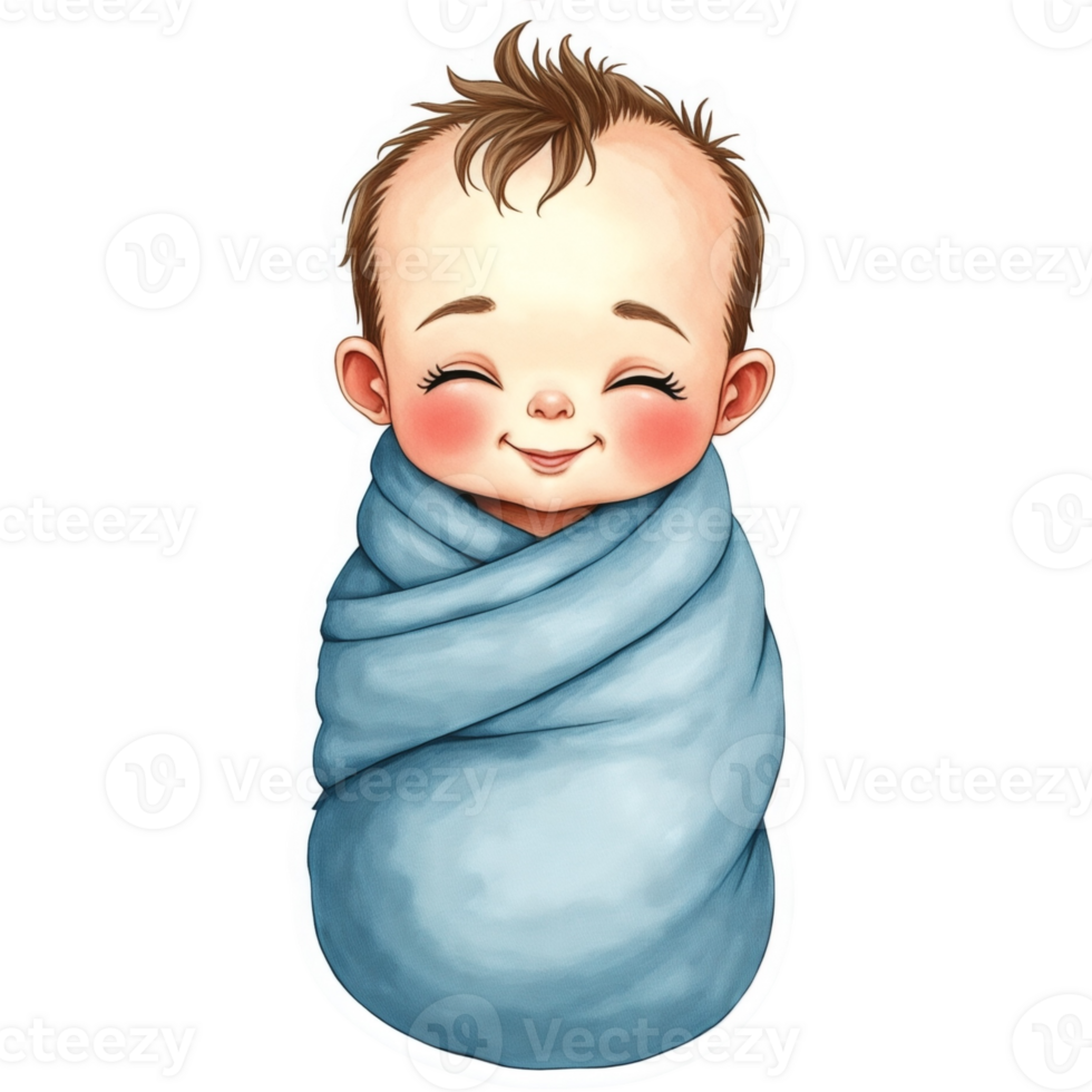 Baby is wrapped in a blue blanket and is smiling sticker design png