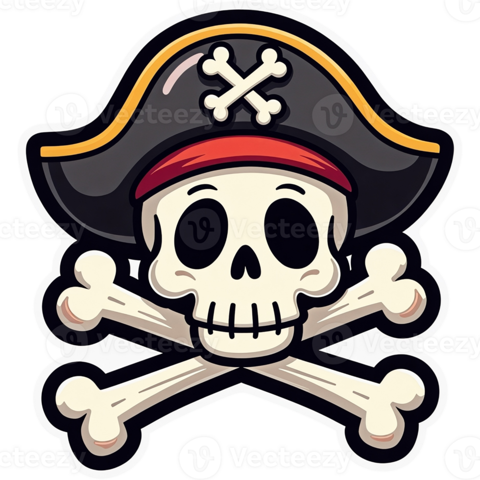Cartoon skull with a pirate hat and a skull and crossbones sticker design png