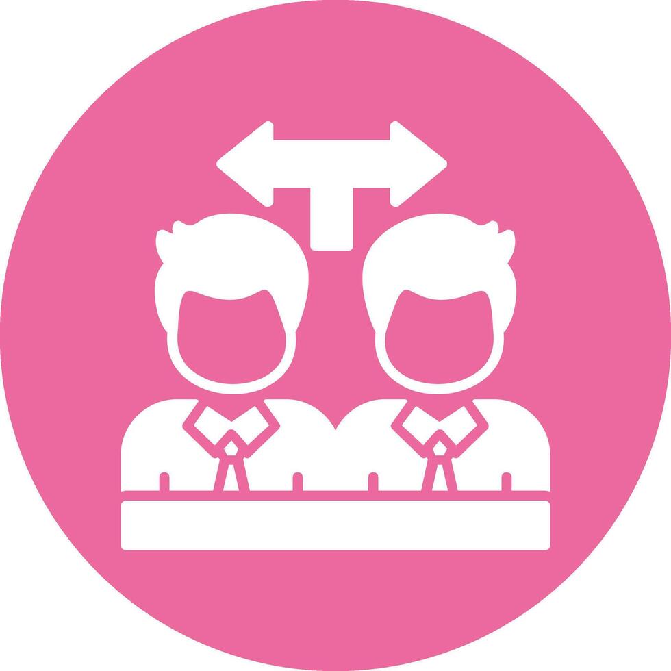 Two people are sitting at a table with an arrow pointing to the left vector