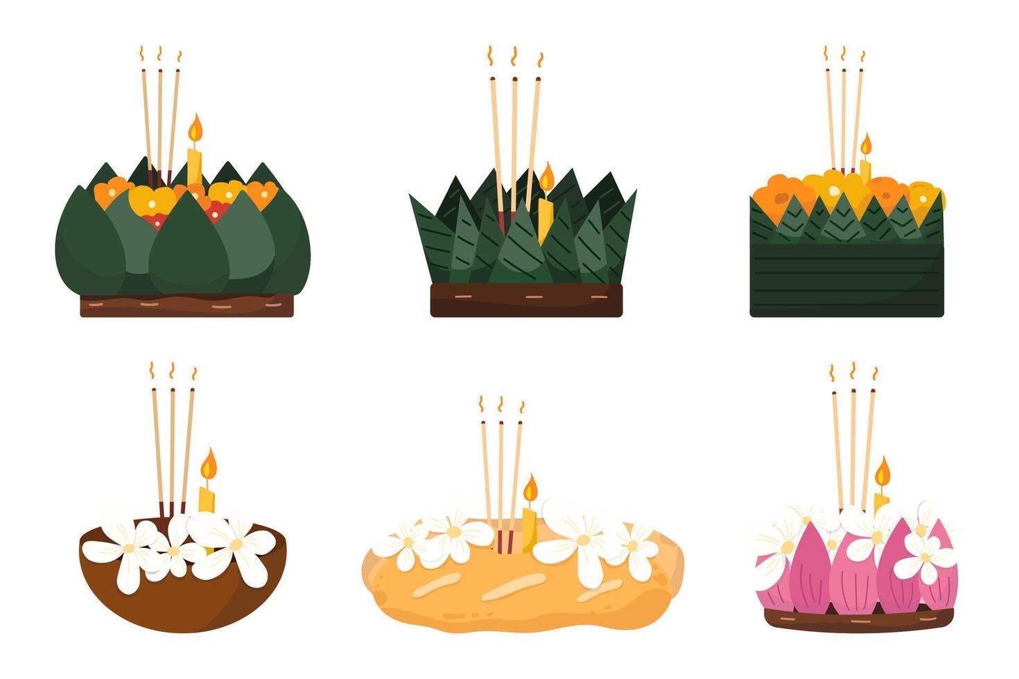 Set of Krathong for Loy Krathong festival banana leaves, flowers, bread, coconut shells vector