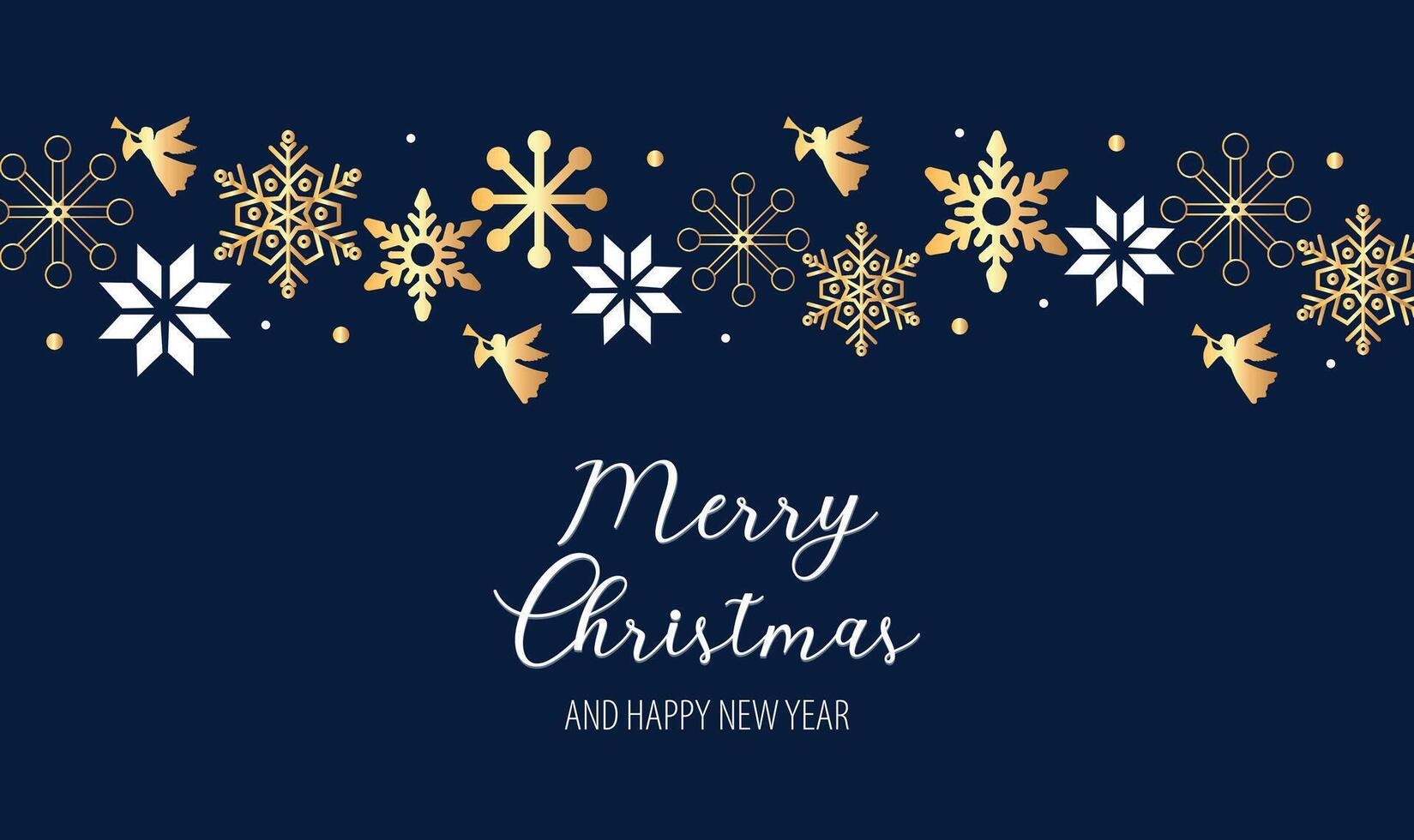 charming holiday card featuring Merry Christmas and Happy New Year in stylish script, adorned with festive gold and white snowflakes and decorative elements vector