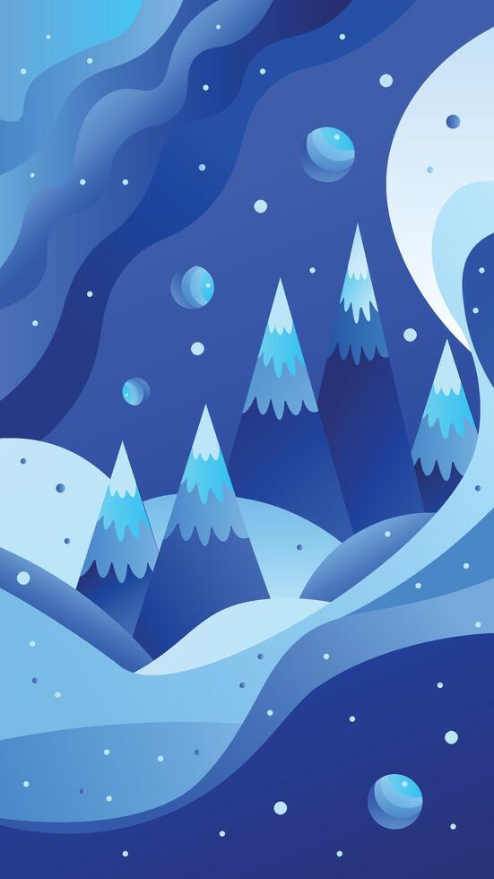 Winter abstract illustration with fluid organic shapes and mountains, blue, dark blue and turquoise colours vector