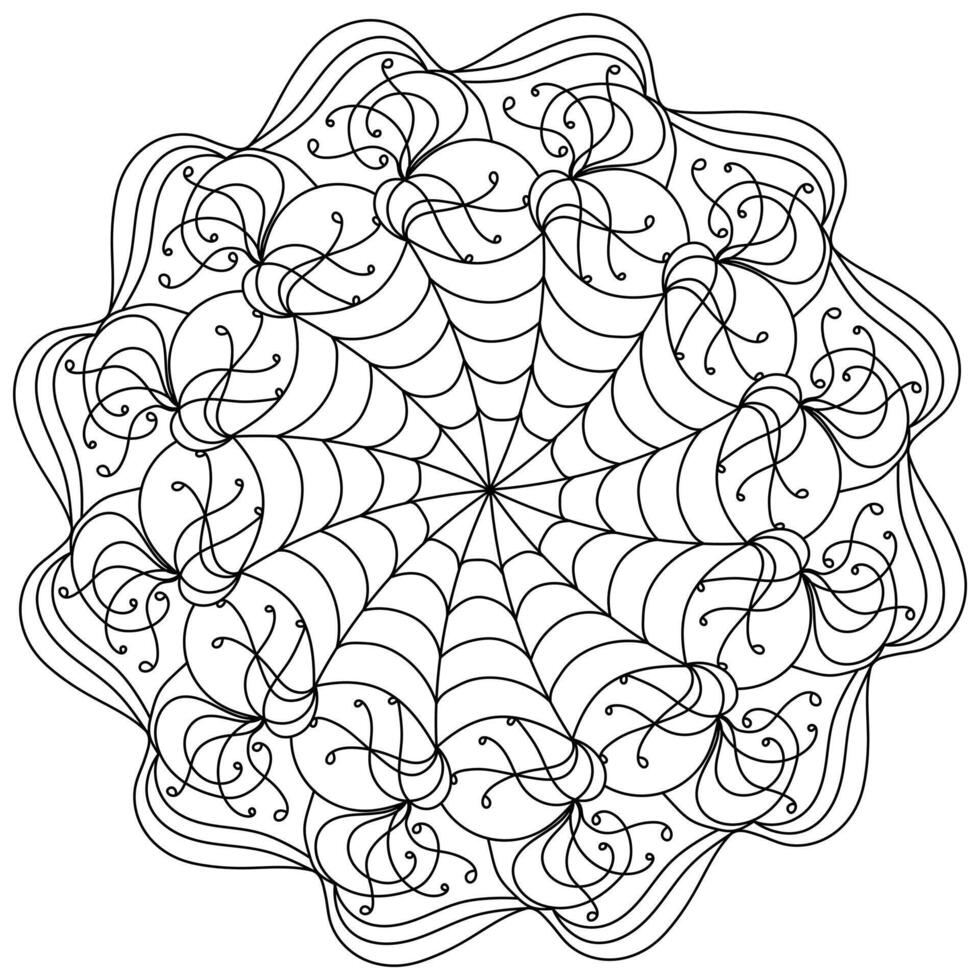 Doodle outline mandala in the shape of a cobweb, creative Halloween coloring page for activity vector