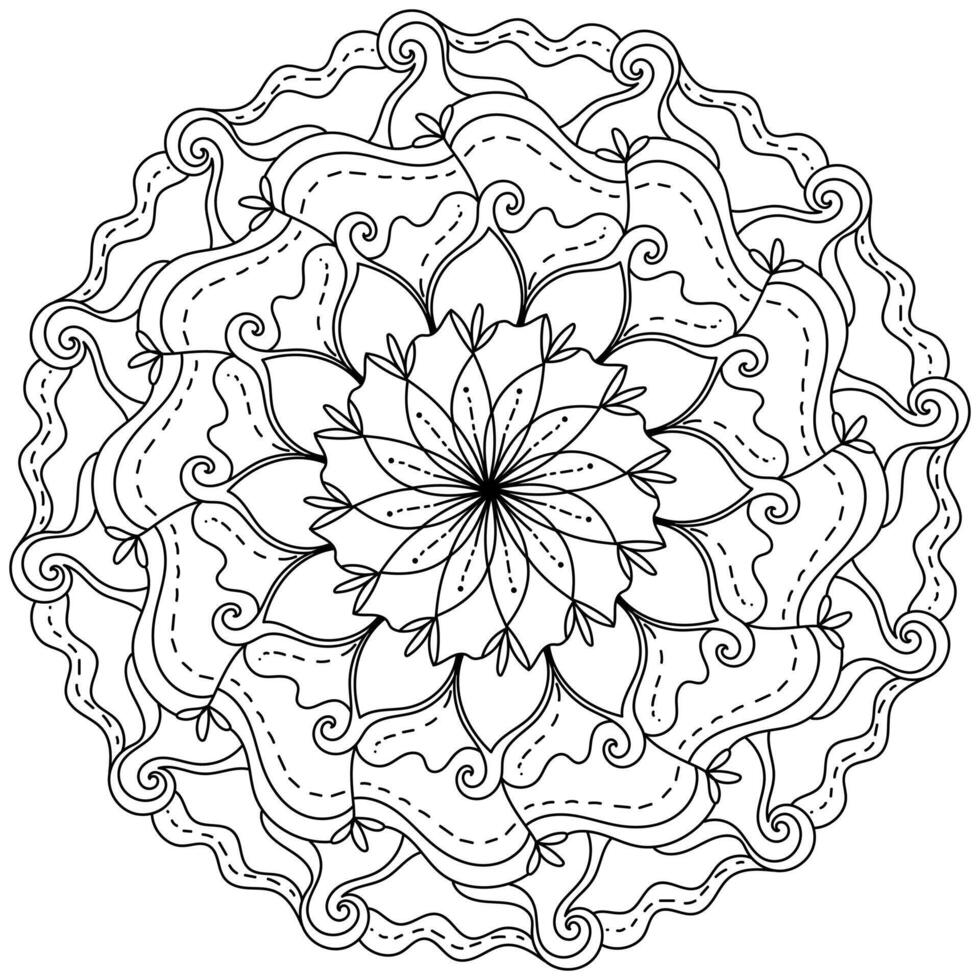 Outline mandala with a flower in the center and waves, abstract doodle coloring page for activity vector