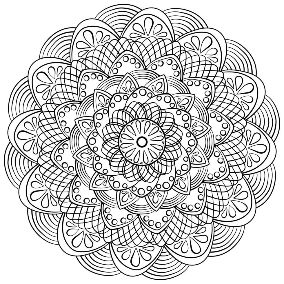 Ornate mandala with drops, circles and a grid of lines, meditative coloring page for activity and design vector