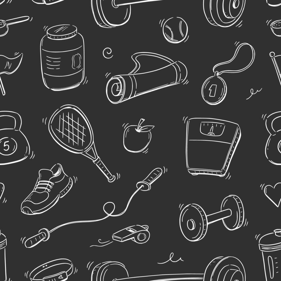 Doodle gym sketch health seamless pattern background. Hand drawn sketch doodle healthy sport, gym fit exercise equipment background. Seamless sport chalkboard pattern. vector