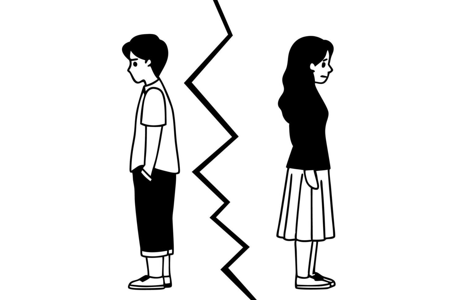 Man and woman stands with their backs to each other. Couple going through a hard breakup. Relationship concept. Line art illustration vector