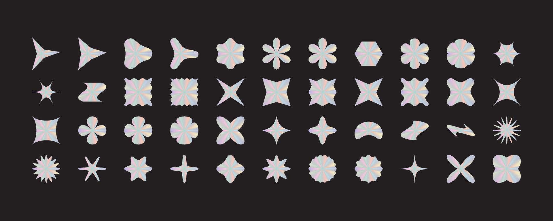 Big set of holographic abstract geometric shapes isolated on black background. vector