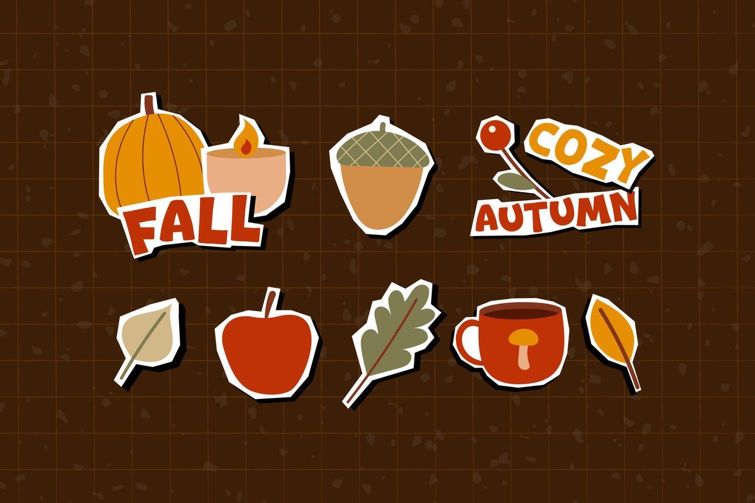 Autumn paper cut stickers set featuring fall leaves, cozy candles, pumpkins, oak leaf and acorn on dark background for collage cut out artistic design composition. vector