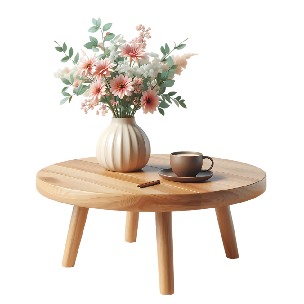 A wooden table with a vase of flowers and a cup of coffee png
