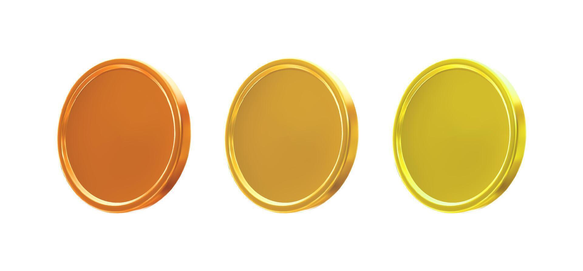 Golden and bronze coins set isolated. 3d render realistic illustration. Blank award medals in different shades of gold vector