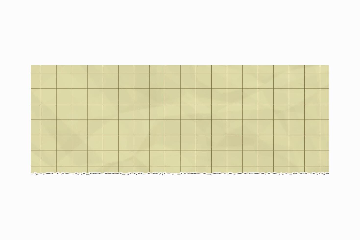 Slightly crumpled peace of yellow grid paper with torn edge isolated on white background. vector