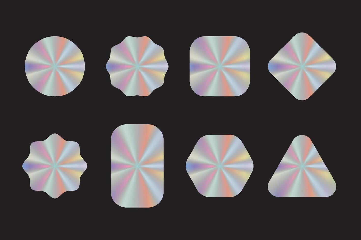Holographic Y2K geometric shapes stickers. Iridescent spectrum gradient design elements isolated on black background. vector
