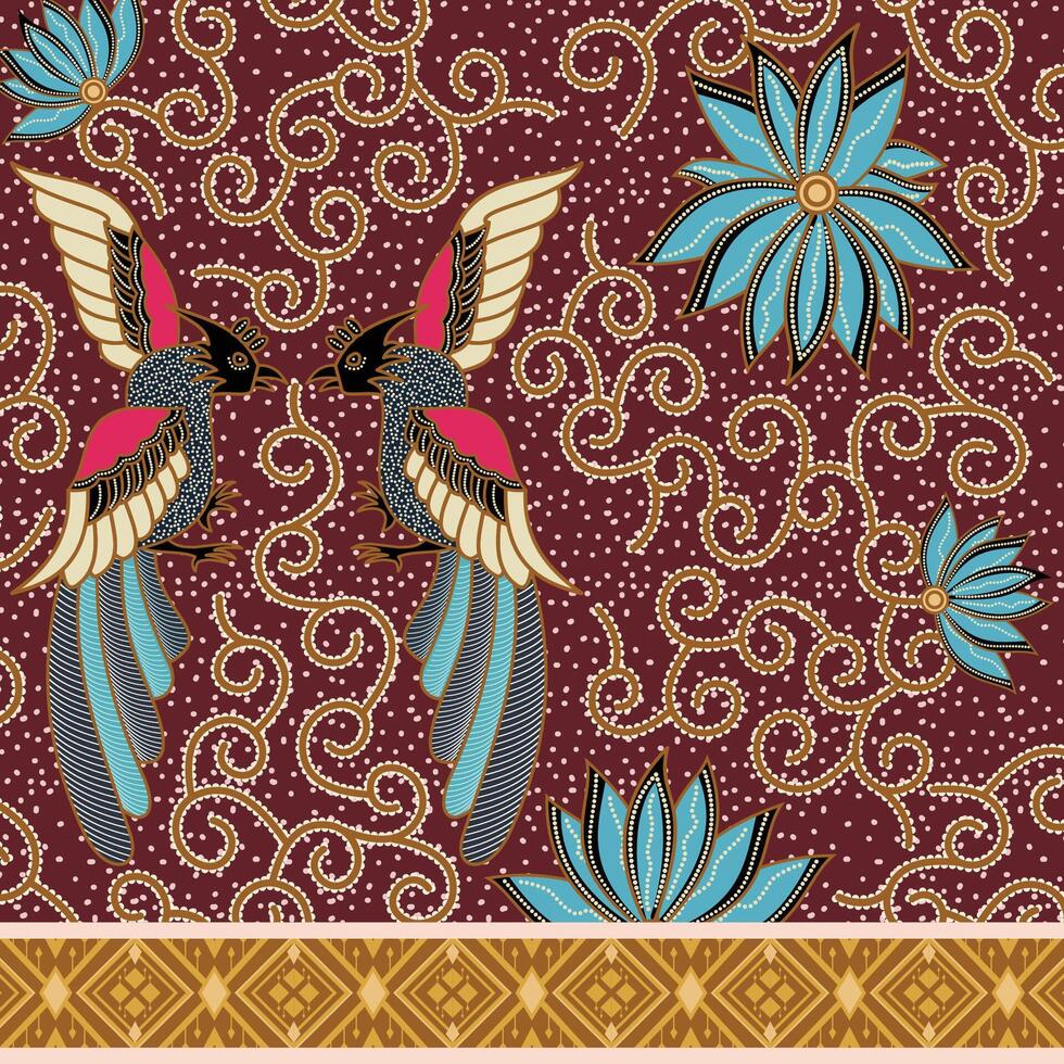 abstract batik blue floral and bird pattern vector