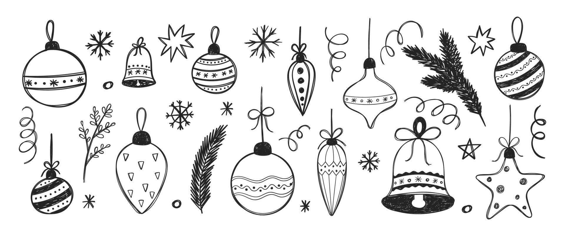 Hand drawn Christmas balls, stars and snowflakes with crayon or pencil texture. Doodle illustration on a white background. vector