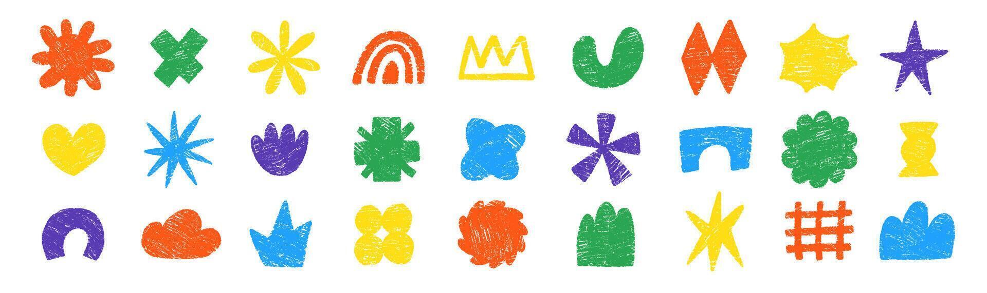 Set of hand drawn funky shapes of heart, flower, star, cloud with crayon or chalk texture. Multicolor Doodle design elements for school. Childish illustration. vector
