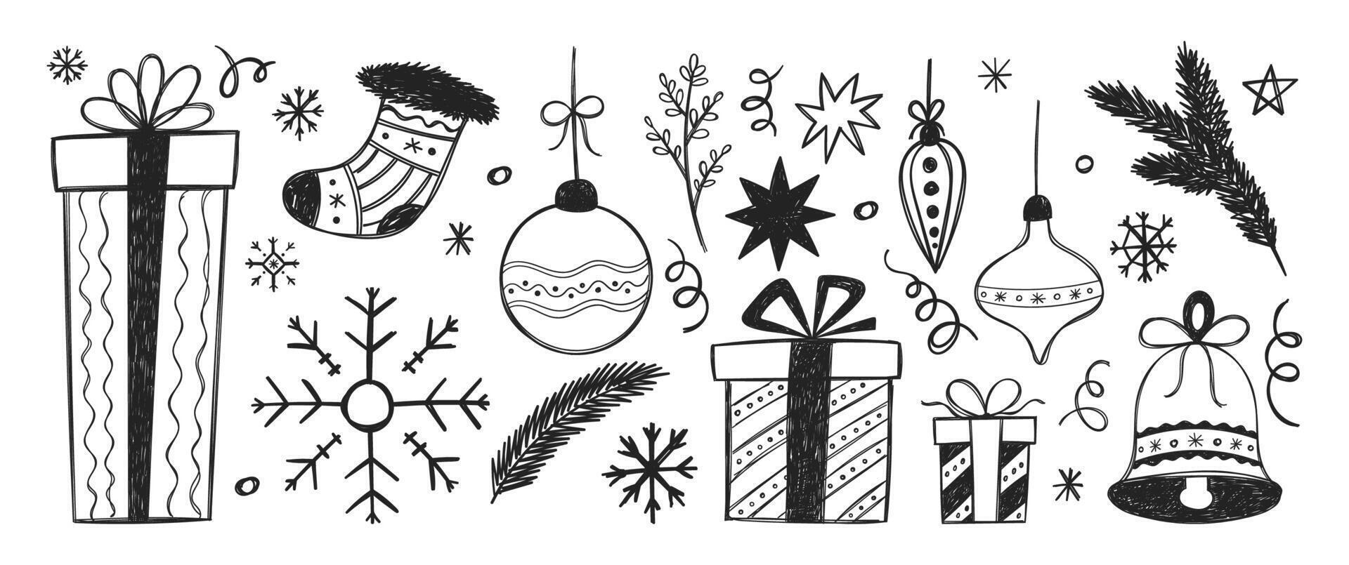 Set of Christmas doodles of star, present box, bell, snowflake with crayon or pencil texture. Hand drawn illustration on a white background. vector