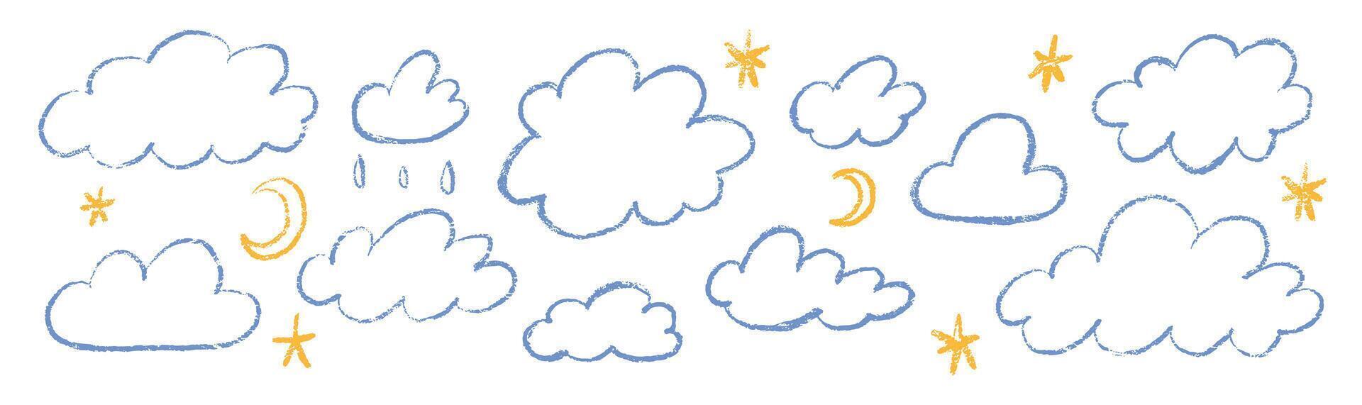 Set of crayon clouds, stars and drops. Hand drawn outline kids crayon illustration isolated on white background. vector