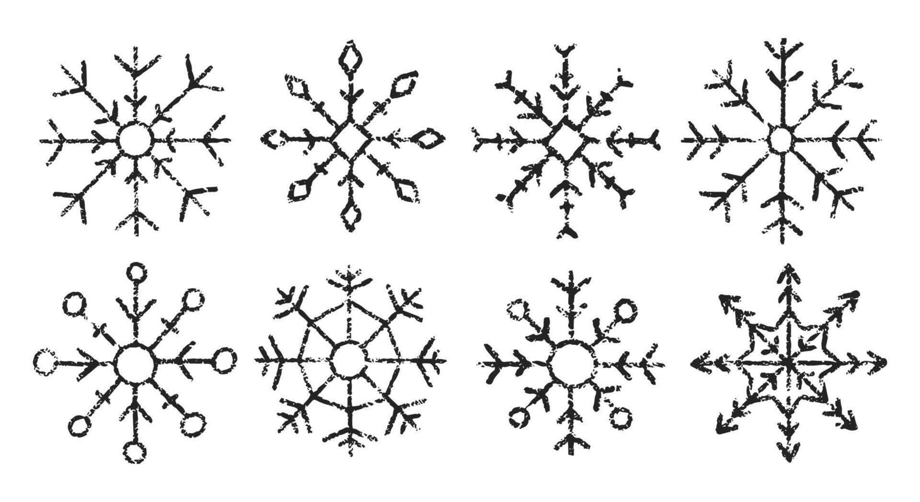 Set of winter icons with crayon, chalk or pastel texture. Snowflakes on a white background. Kids illustration. vector