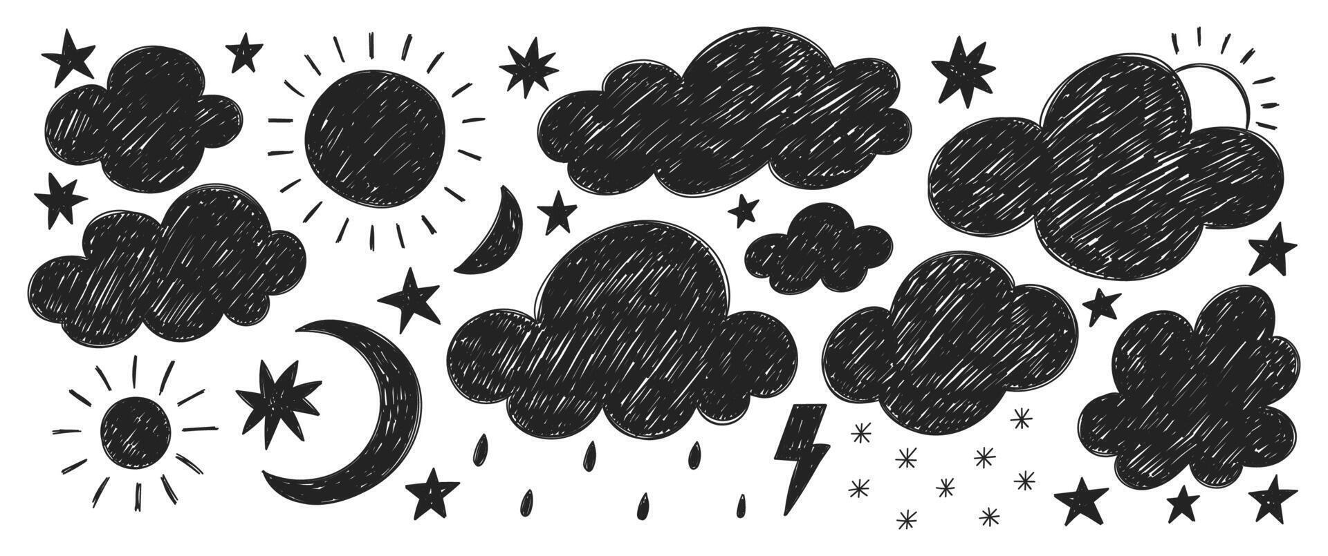 Set of hand drawn clouds, moon and sun with crayon or pencil texture. Kids doodle illustration on a white background. vector
