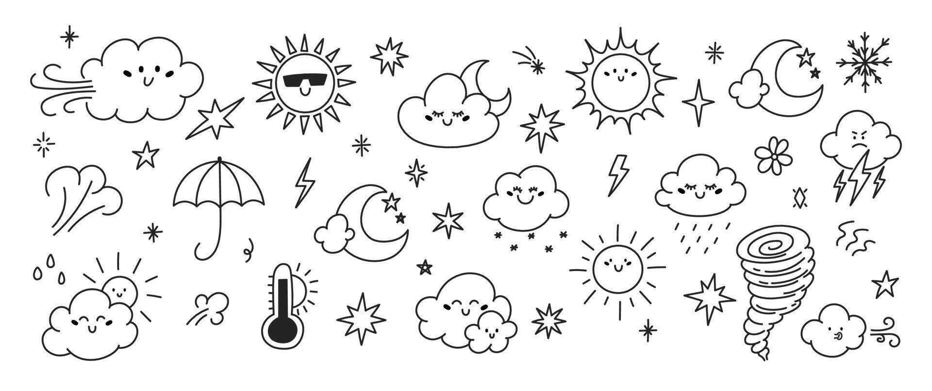 Set of hand drawn elements of weather with editable stroke. Clouds, clouds, hurricane, star and umbrella. illustration on a white background. vector