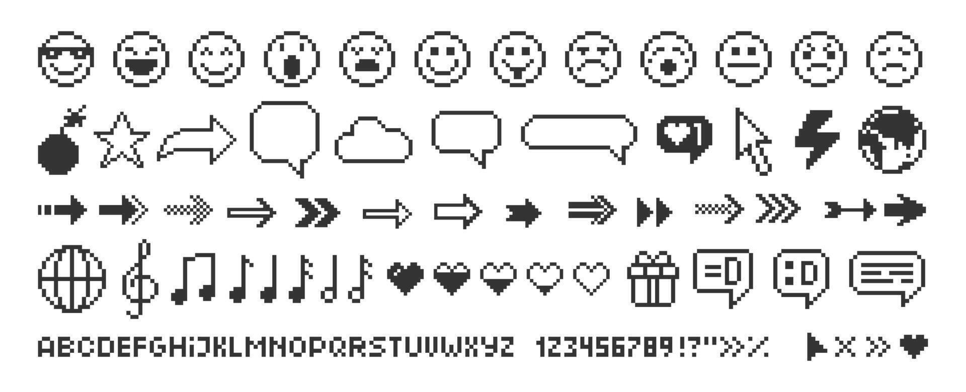 Set of music and icons, emoji arrows, speech bubble and alphabet. Pixel art illustration. vector