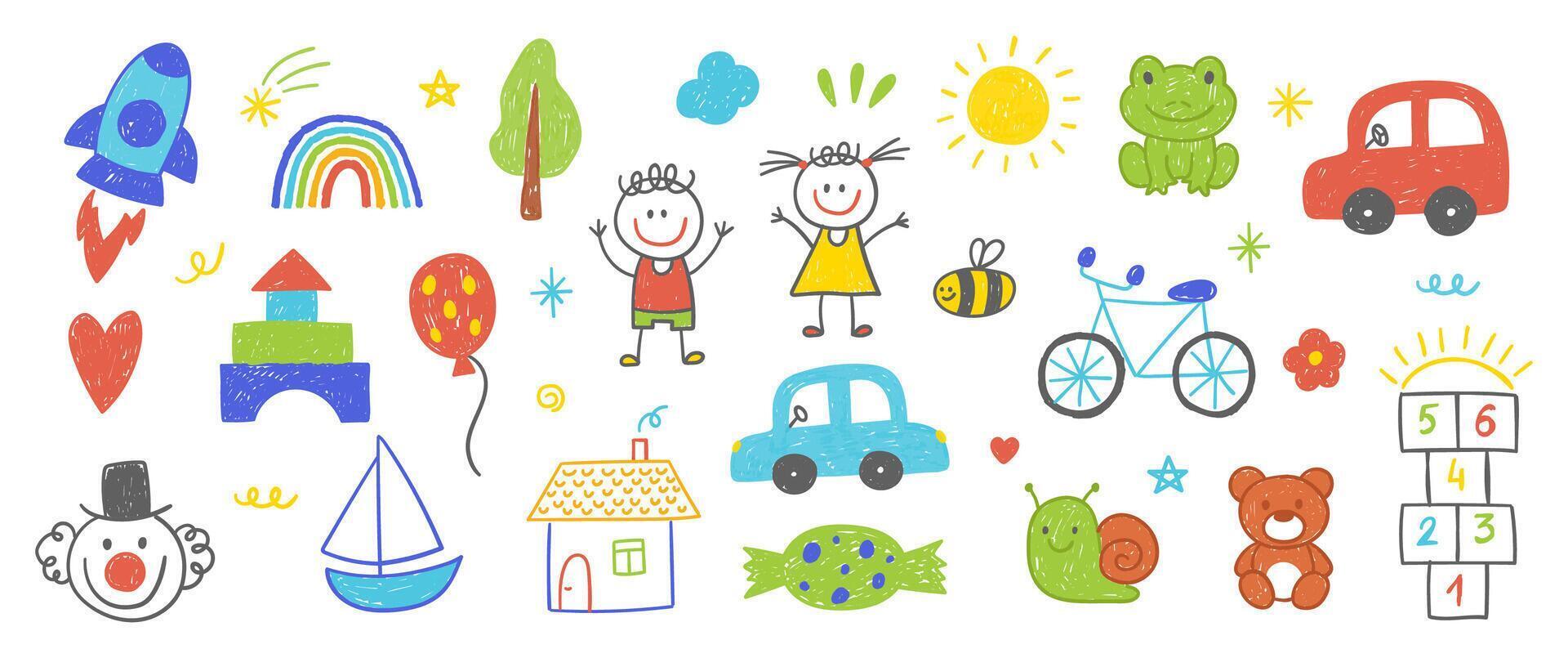 Set of simple kids doodles of girl, boy, car, rainbow and bike with crayon or chalk texture. Simple hand drawn illustration on a white background. vector