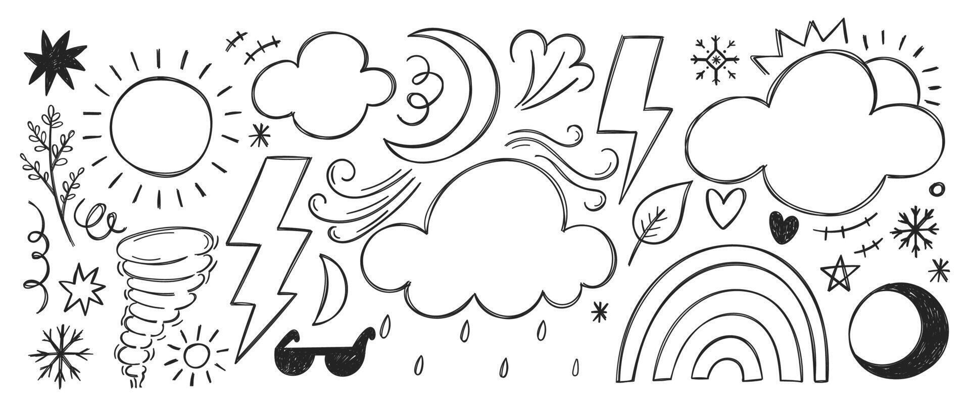 Collection of weather symbols with crayon, chalk and pencil texture. illustration of rain, hurricane, sun, star, lightning on a white background. vector
