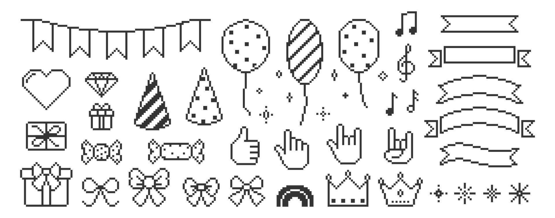 Set pixel art elements of birthday party. Retro heart, gift, present box. illustration on a white background. vector