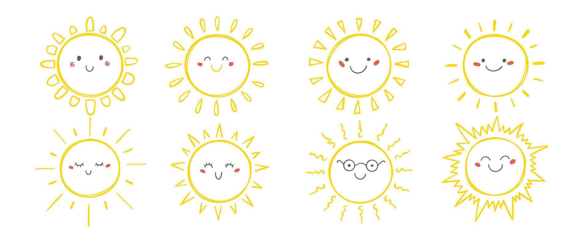 Set of hand drawn cute sun with crayon or pencil texture. Colorfull doodle illustration on a white background. vector