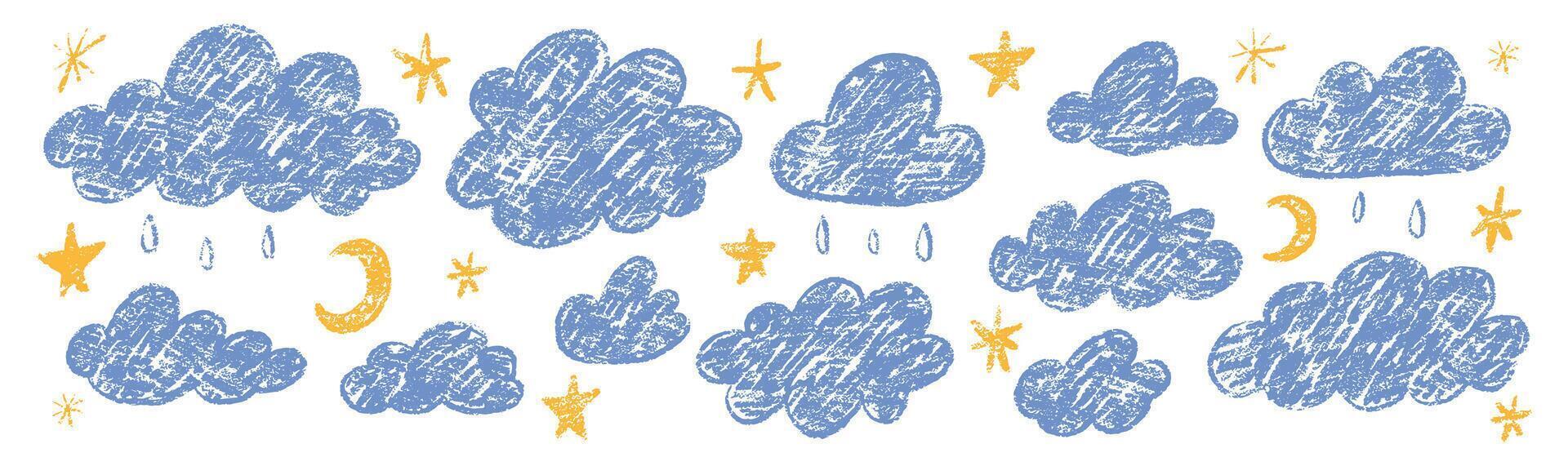 Set of crayon clouds, stars and drops. Hand drawn kids crayon illustration isolated on white background. vector