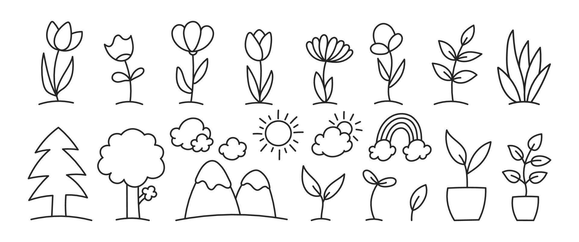 Set of hand drawn elements of environment with editable stroke. Flowers, clouds, rainbow and tree. illustration on a white background. vector