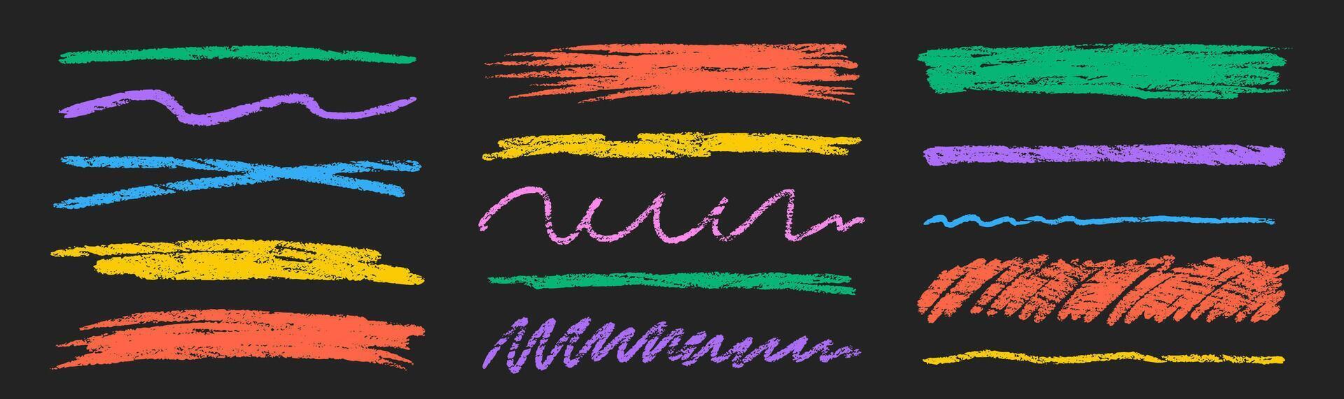 Set of chalk highlight and texture emphasis. Multicolor crayon scribbles and cross on a black background. Grunge illustration. vector