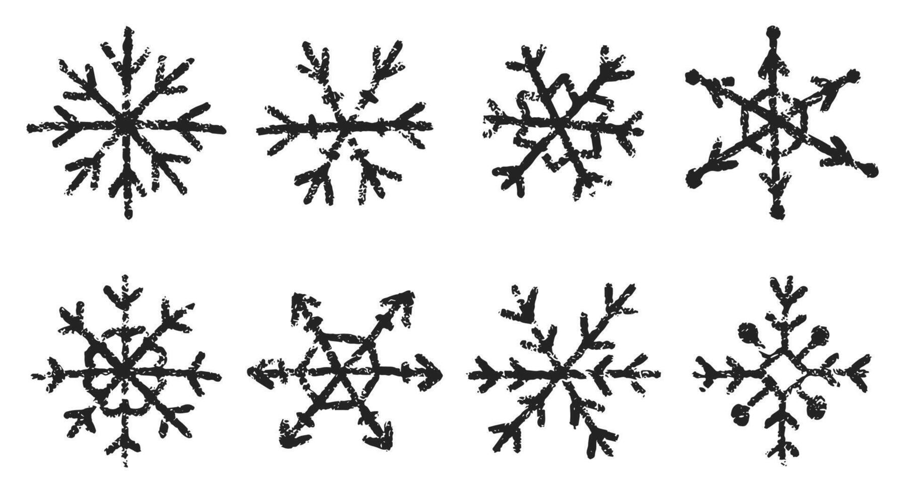 Set of handdrawn snowflakes with crayon, chalk or pastel texture. Kids illustration. vector