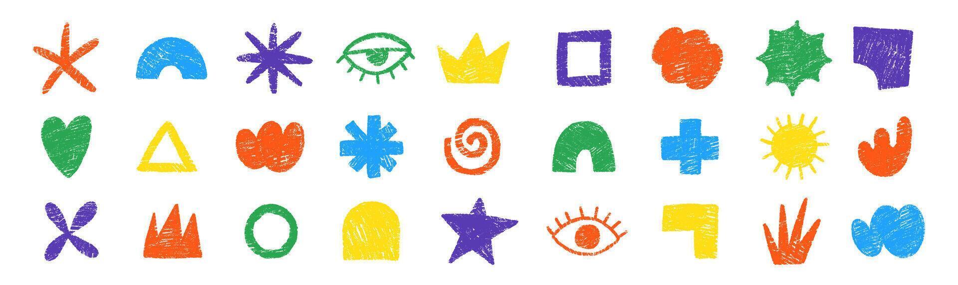 Set of hand drawn simple shapes of heart, flower, star, cross with crayon or chalk texture. Multicolor doodle design elements for school. illustration for kids. vector