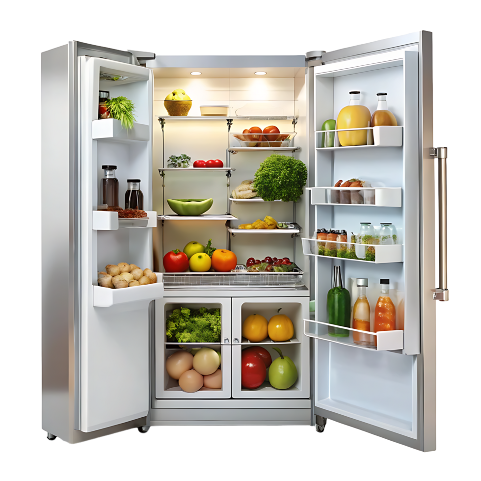 A refrigerator with its door open and its contents png