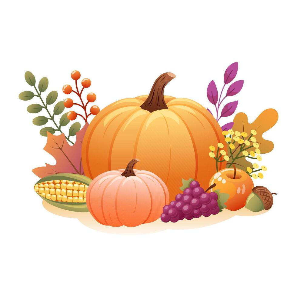 Autumn harvest illustration featuring pumpkins, corn, grapes, apple, acorn and fall leaves. vector