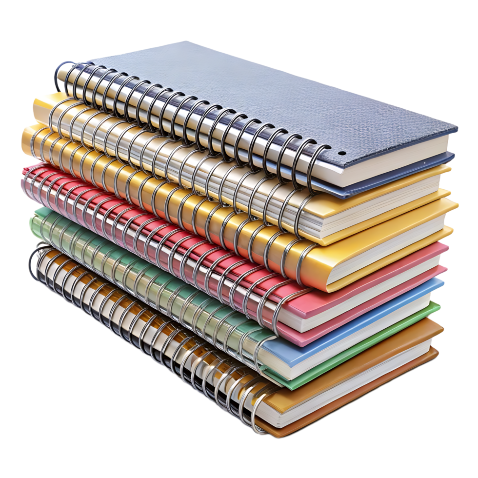 A stack of notebooks with different colored covers png