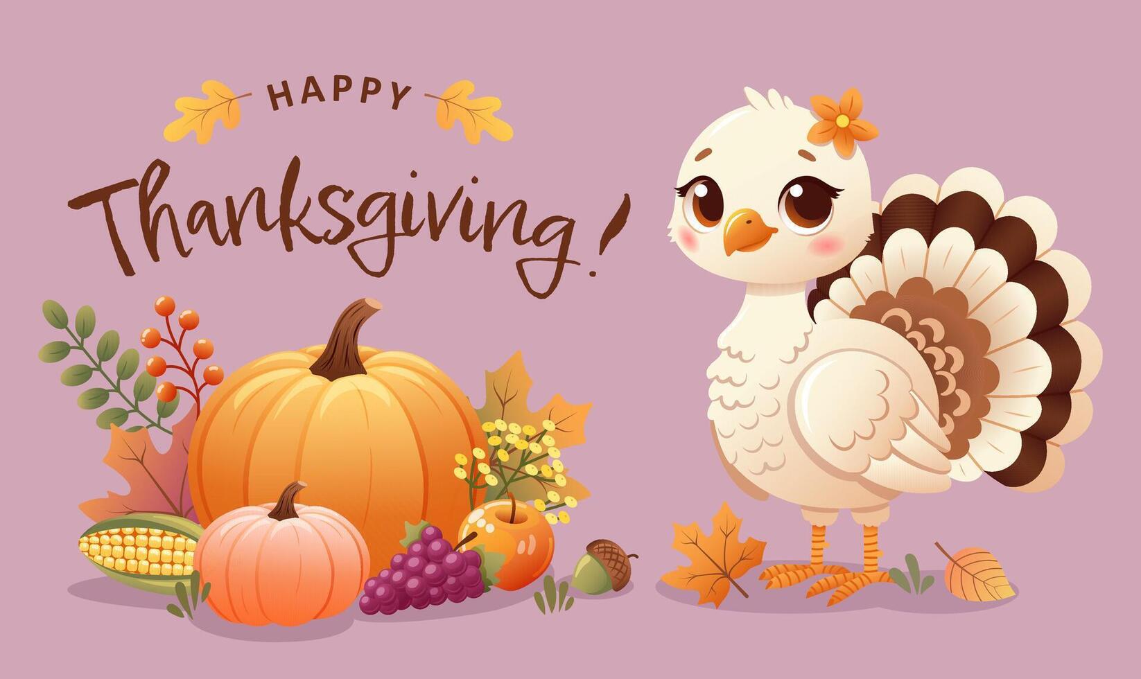 Charming Thanksgiving greeting card featuring a cute turkey with pumpkins, fall leaves, autumn fruit and vegetables vector