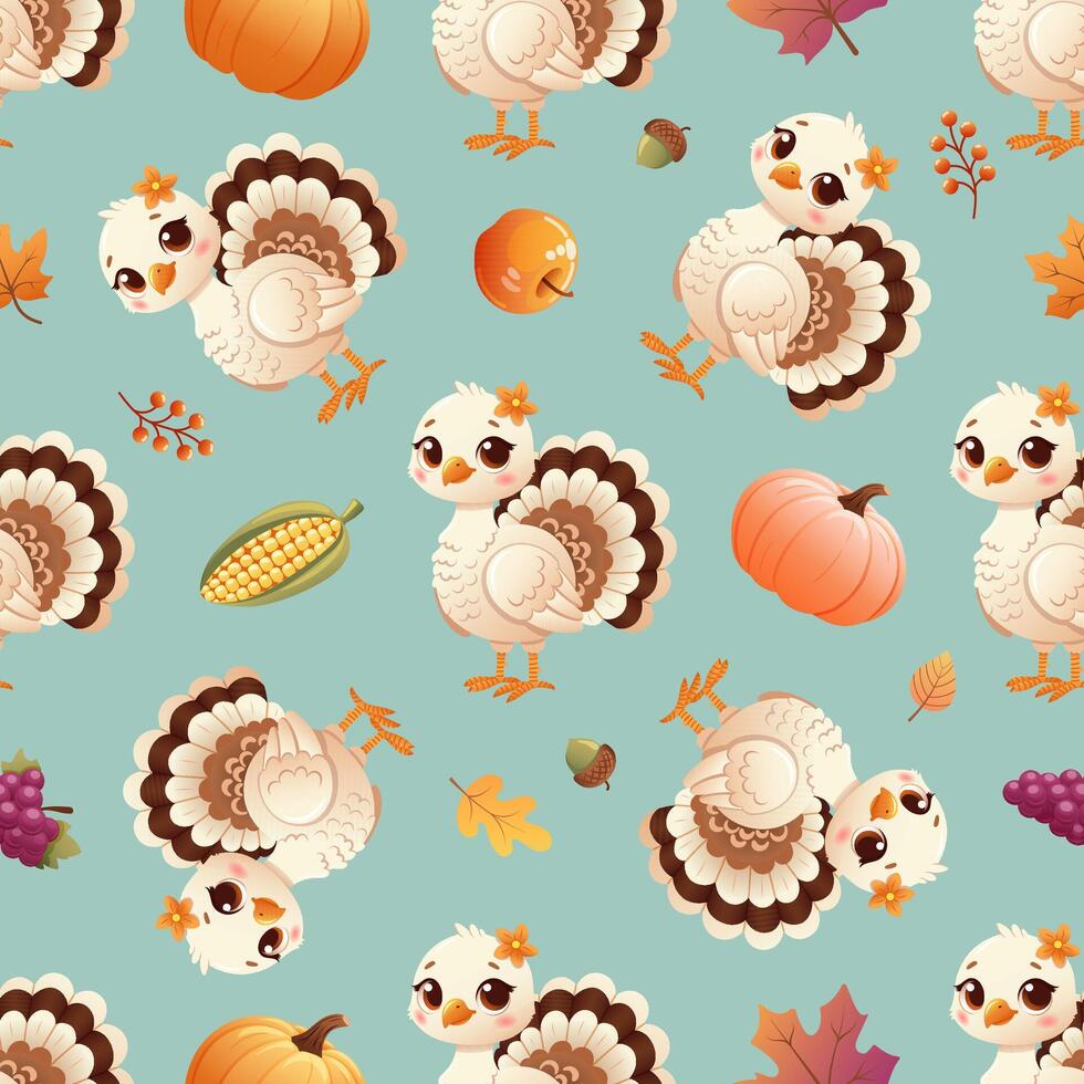 Charming seamless Thanksgiving pattern featuring cute cartoon turkeys, pumpkins, corn, apples, and autumn leaves vector