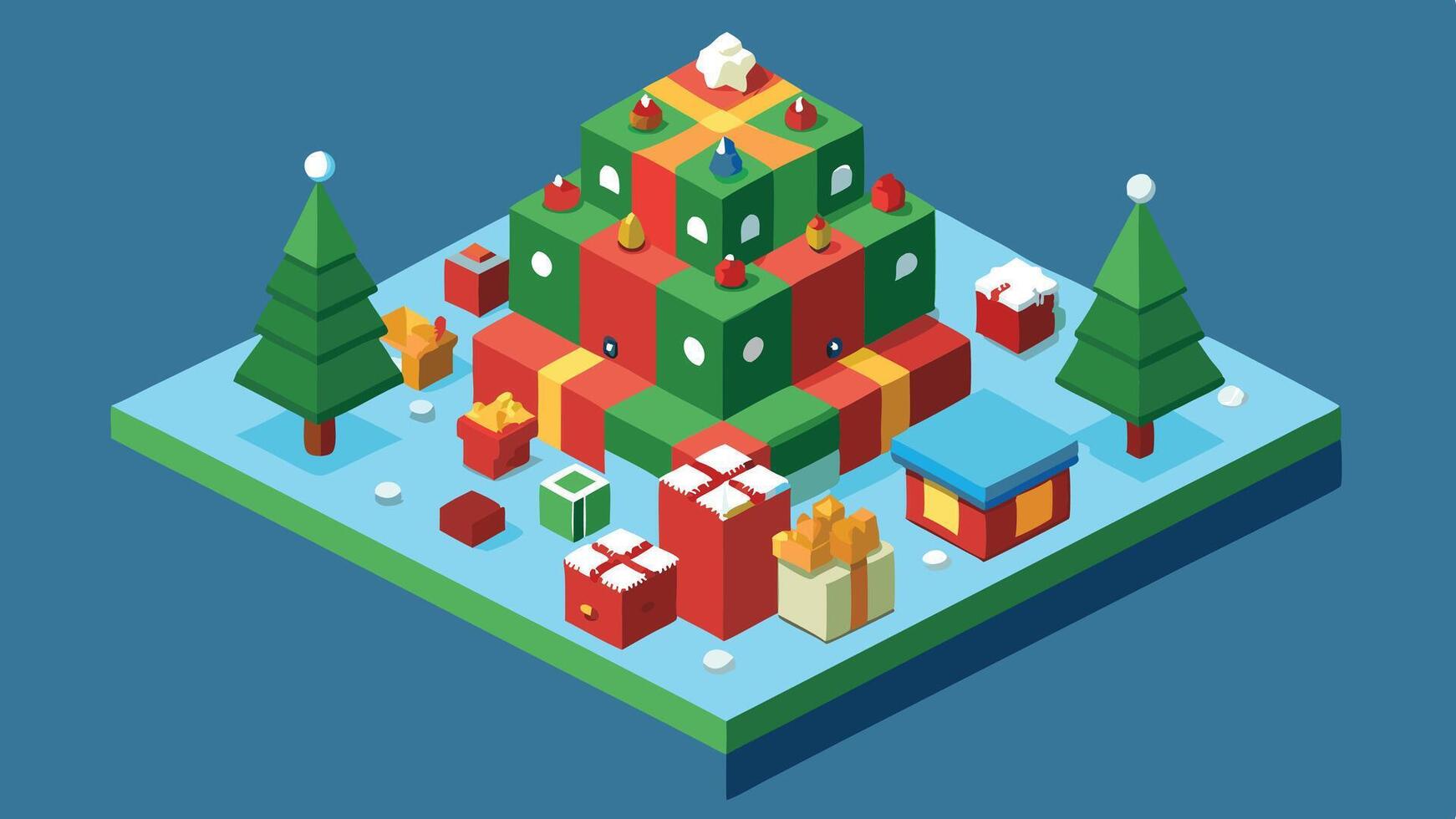 A colorful holiday landscape featuring a beautifully decorated Christmas tree surrounded by presents and festive elements reminiscent of a winter wonderland vector