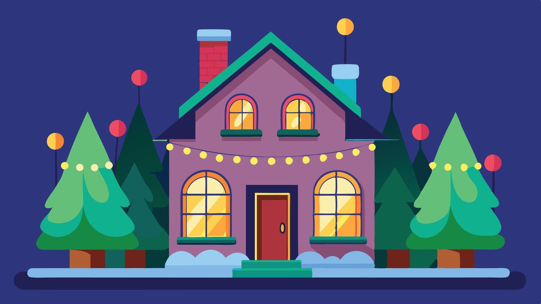 A cozy winter house illuminated at night, surrounded by evergreen trees under a starry sky in a peaceful, snowy landscape vector