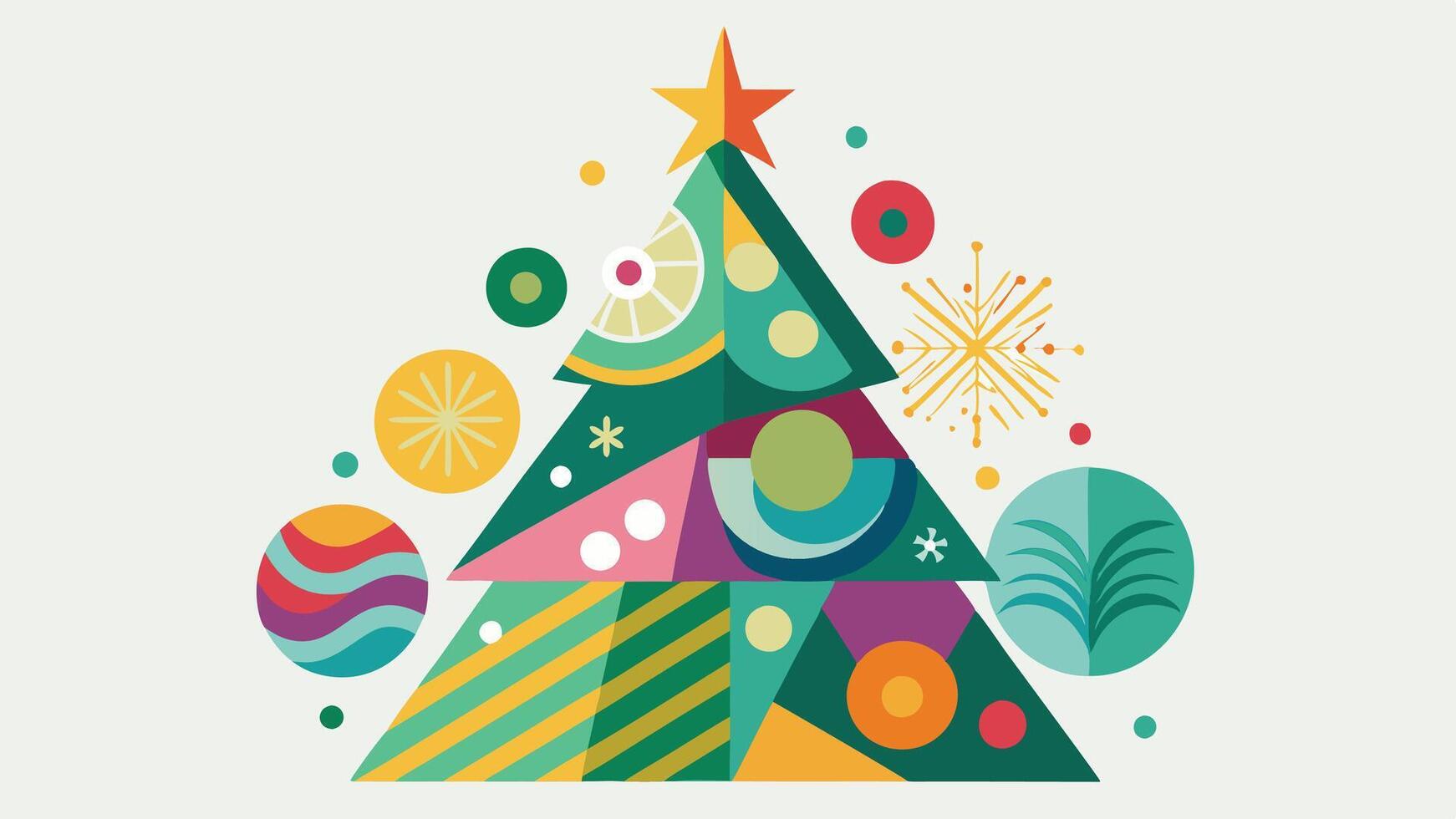 A colorful, artistic depiction of a Christmas tree surrounded by playful geometric shapes, festive ornaments, and cheerful decorations, reflecting the holiday spirit and joy of the season vector