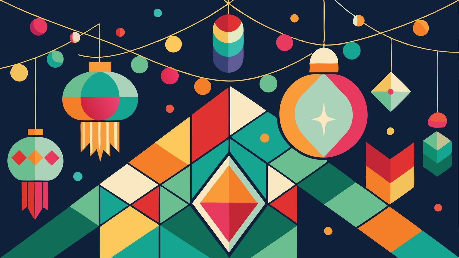 Colorful geometric lanterns hanging against a vibrant night sky filled with festive decorations in a celebratory atmosphere vector