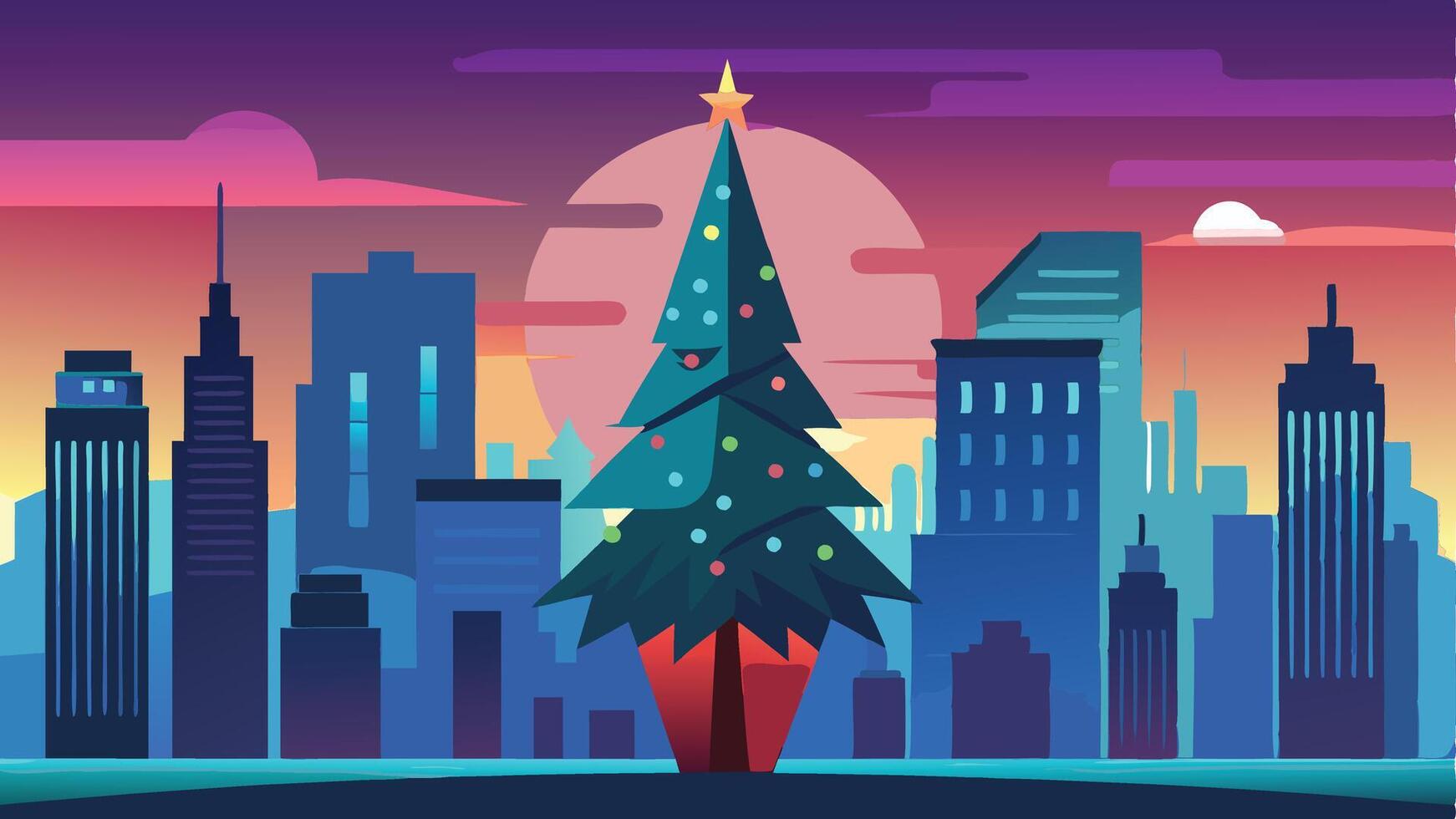 A vibrant city skyline illuminated at night with a large decorated Christmas tree in the foreground, surrounded by evergreen trees and a glowing ambiance vector