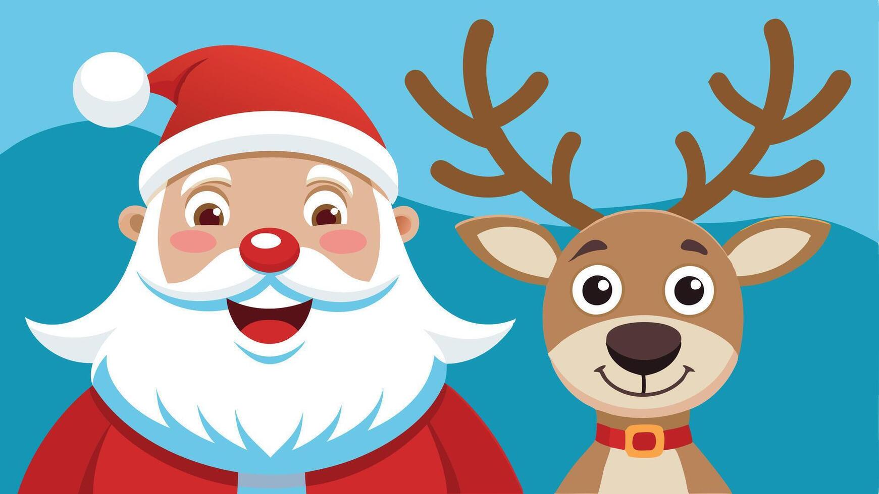 Cheerful Santa Claus and his friendly reindeer smiling together against a bright blue background during the festive holiday season vector