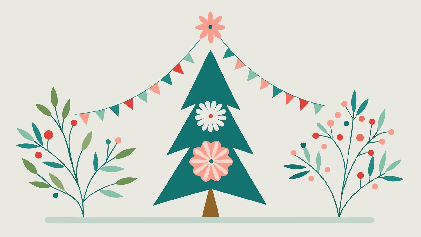 A colorful illustration of a decorated Christmas tree with vibrant flowers and a star on top, set against a soft background, ideal for holiday-themed designs and decorations vector