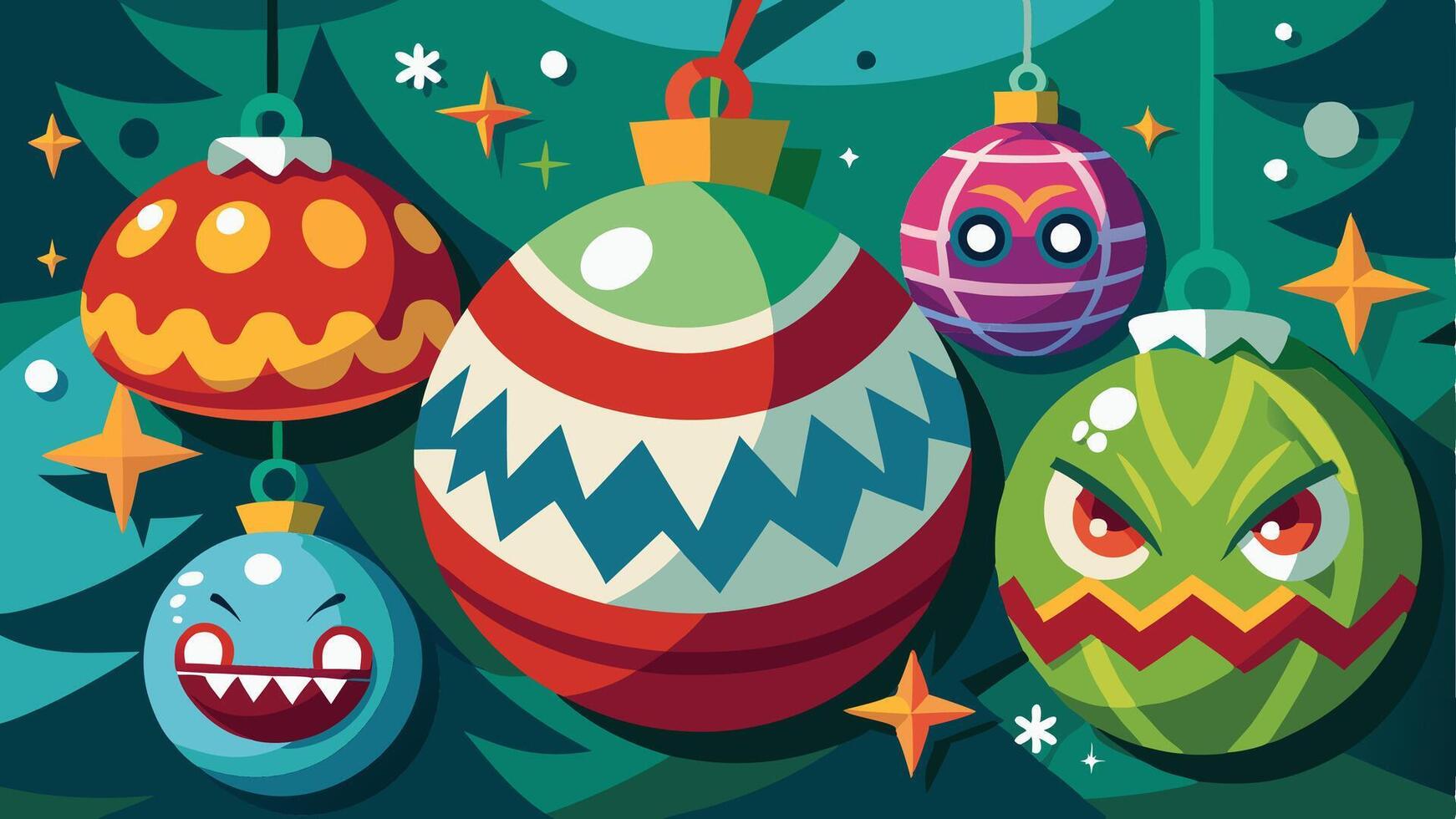 A festive and playful cartoon ornament with a mischievous expression hangs among colorful holiday decorations, reflecting a light-hearted winter scene vector