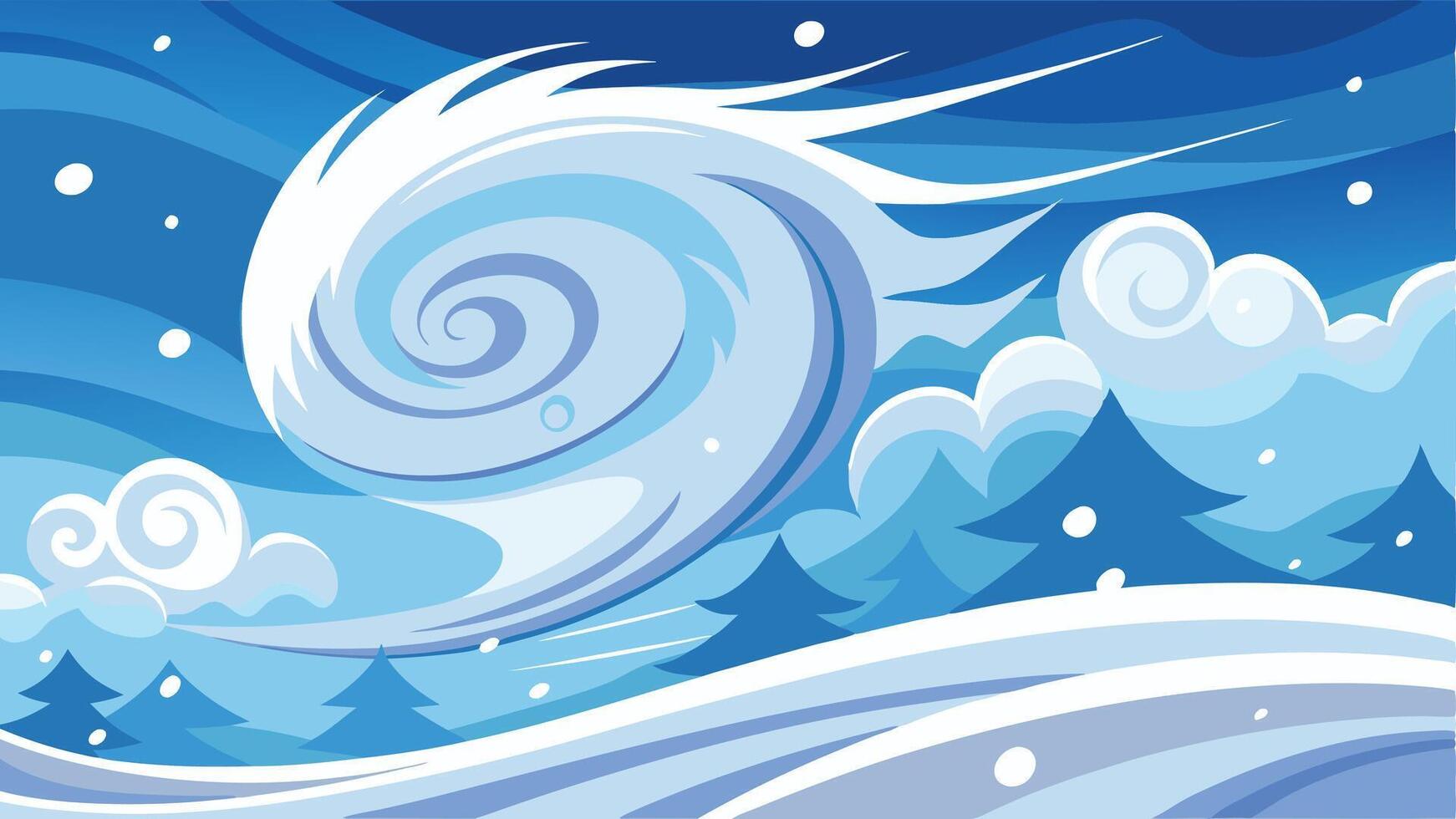 A swirling storm cloud and crashing waves create a dramatic coastal scene during a winter storm along a serene beach vector
